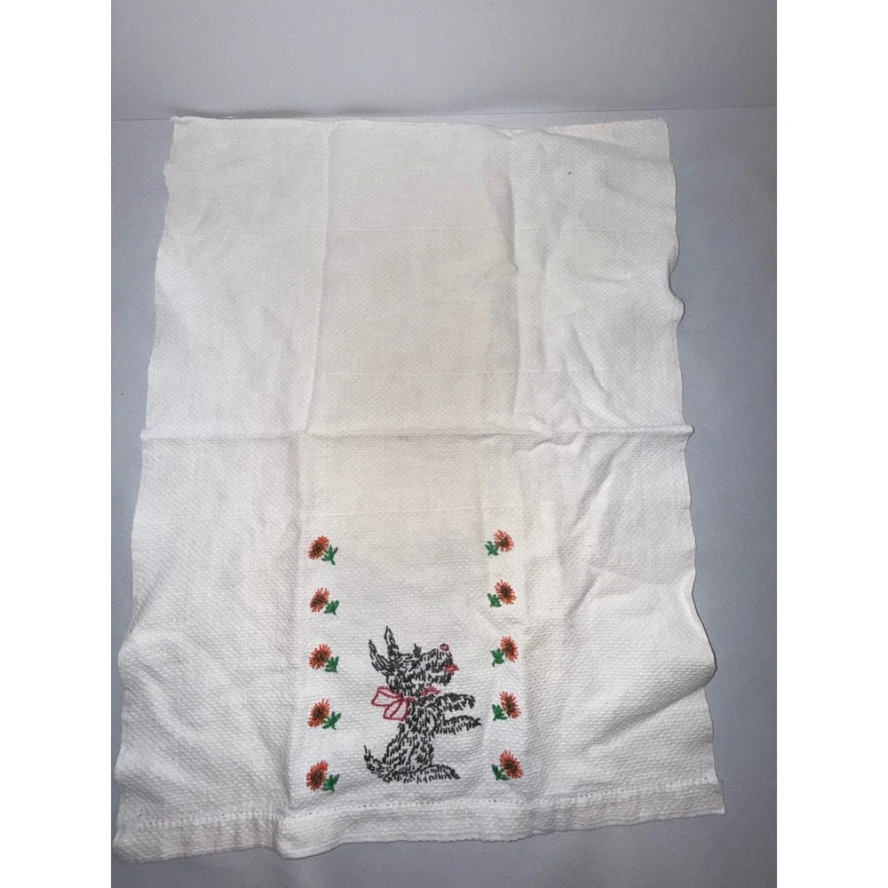Vtg Scottie Dog Embroidered Waffle Weave Cotton Hand Towel White Orange Floral